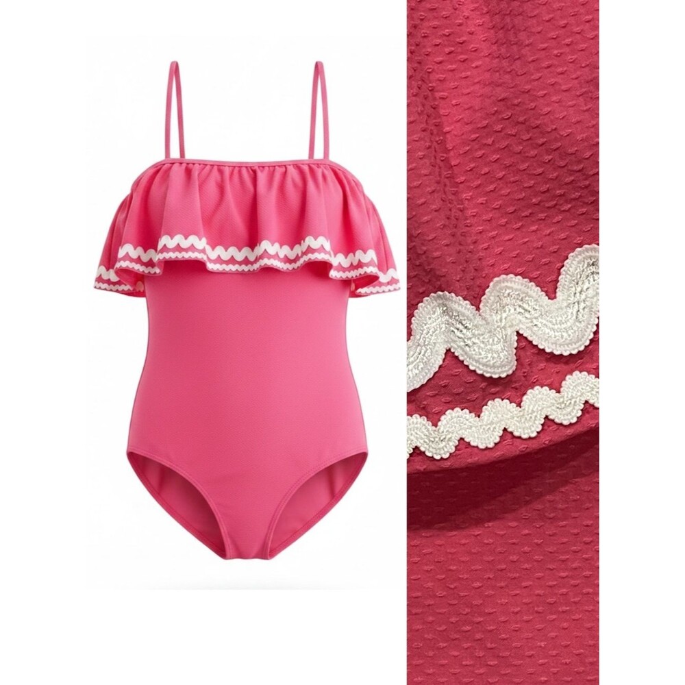 J. Crew Pink One Piece Swimsuit Ruffle Bandeau Bathing Suit Coquette Size 12